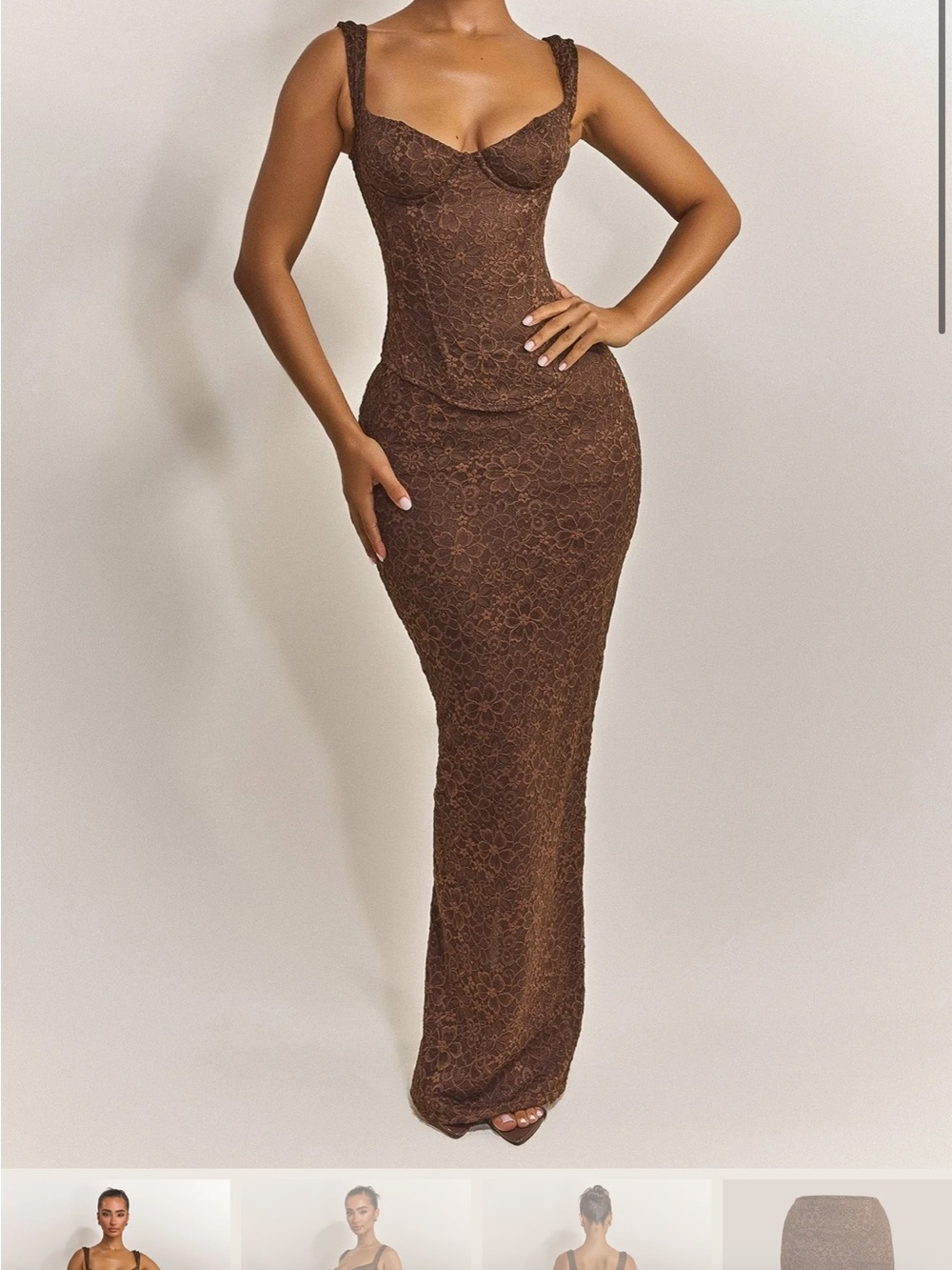 Brown Lace Maxi Dress with Sculpted Corset Bodice